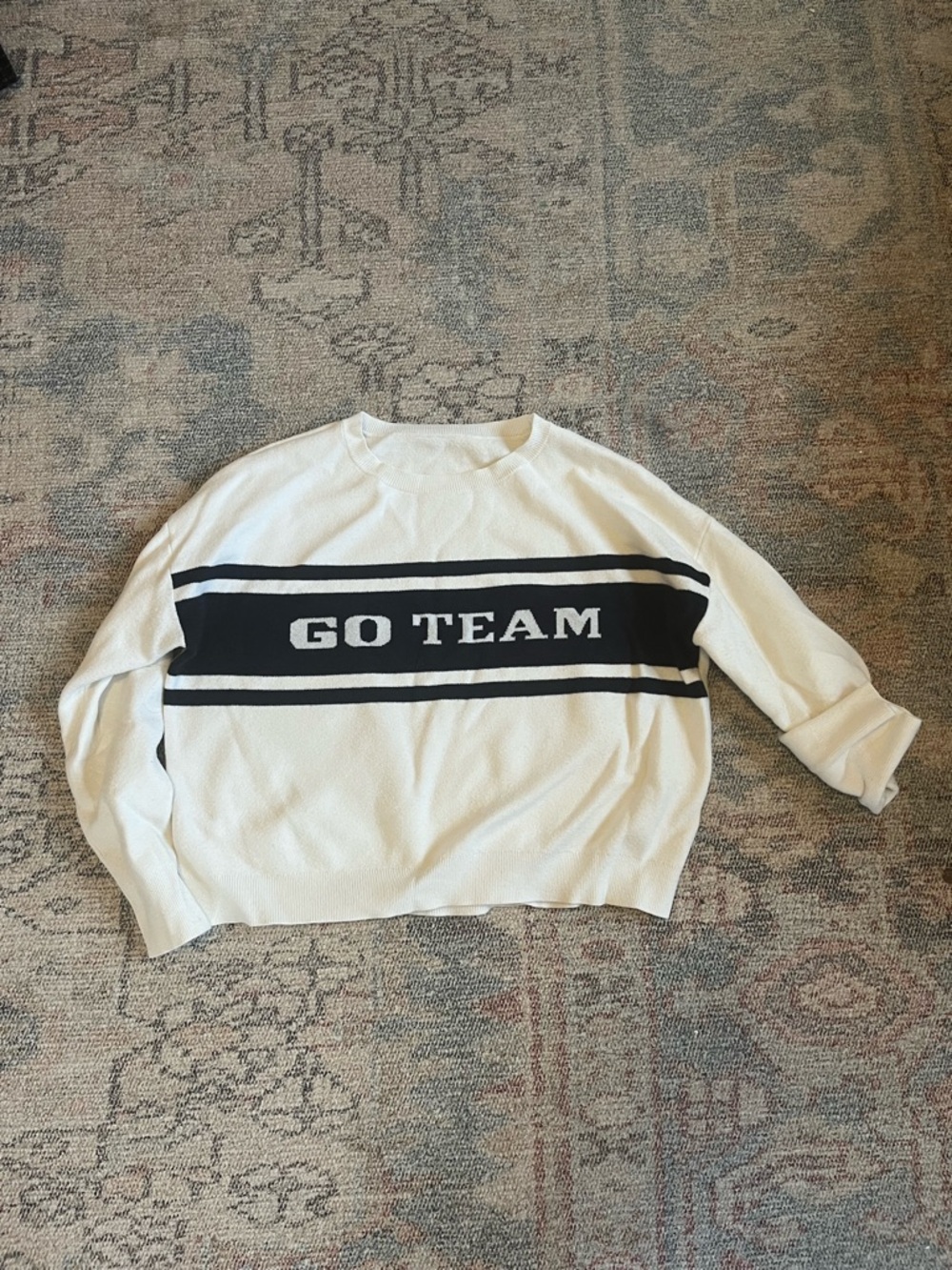 Francesca's Collections White and Navy Sweater with Black 'GO TEAM' Stripe